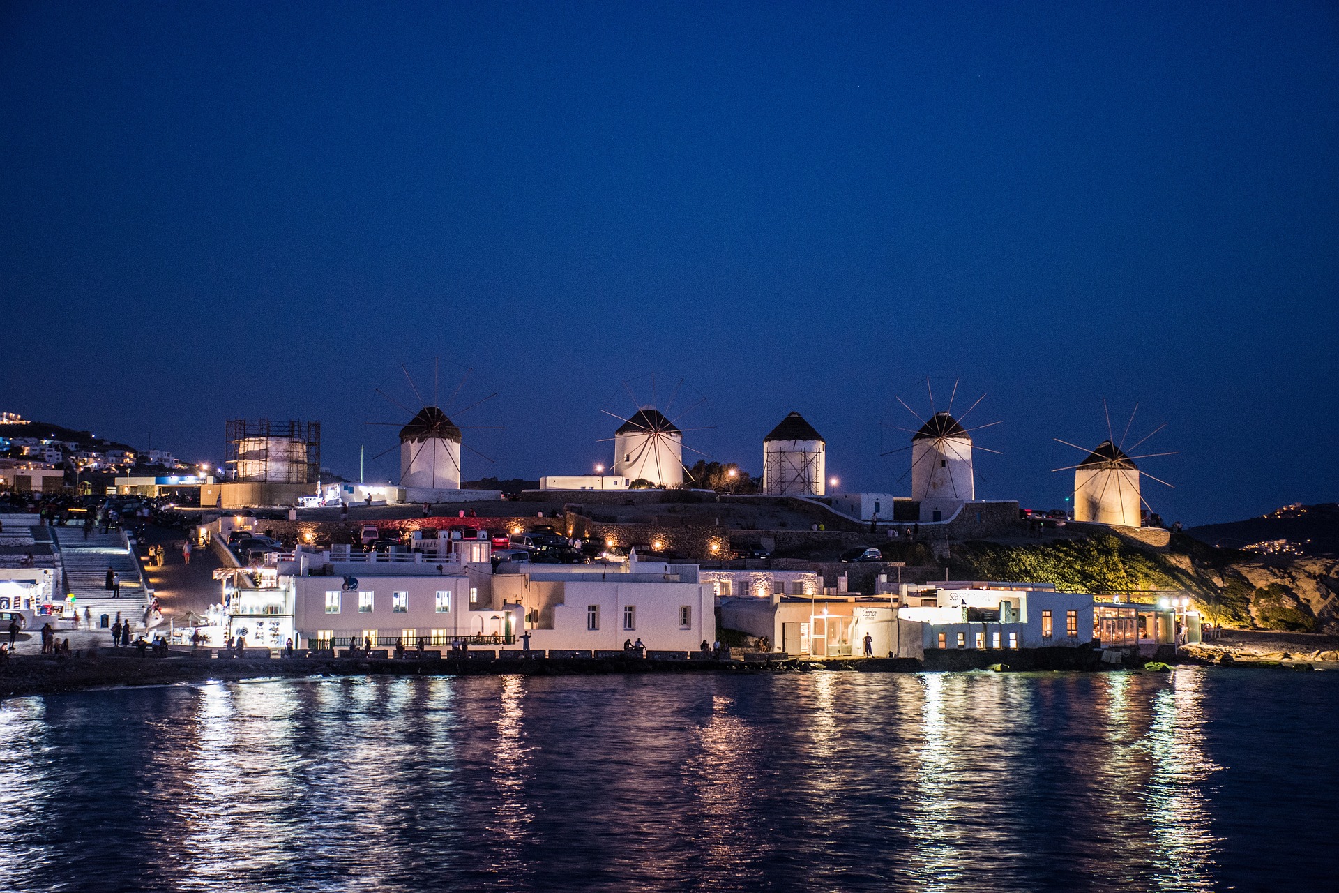 View of Mykonos by night from the sea